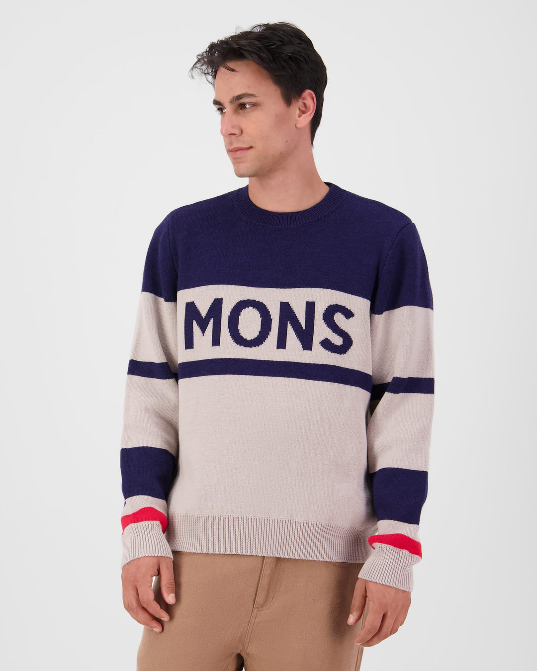 Mons Royale Innsbruck Merino Knit Sweater Cinder / Navy 100950-1336-1057 - on-model front