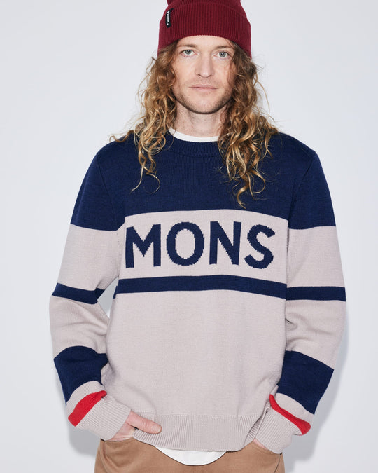 Mons Royale Innsbruck Merino Knit Sweater Cinder / Navy 100950-1336-1057 - editorial front portrait