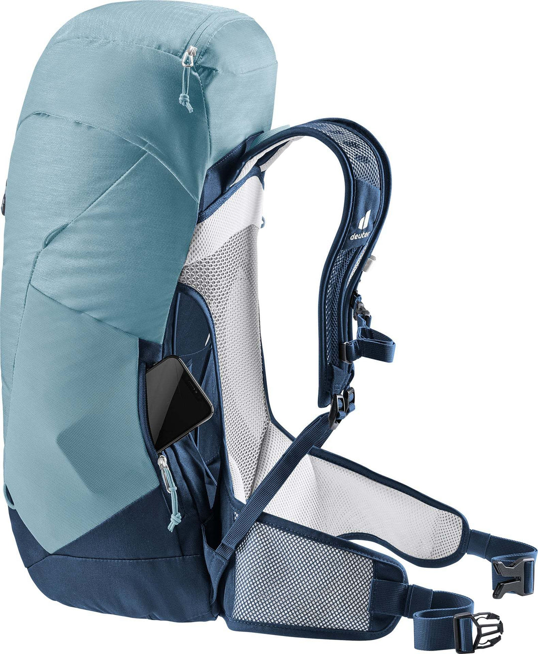 Lightweight Deuter AC Lite 28 SL backpack with Aircomfort ventilation, front zipper, and elastic side pocket.