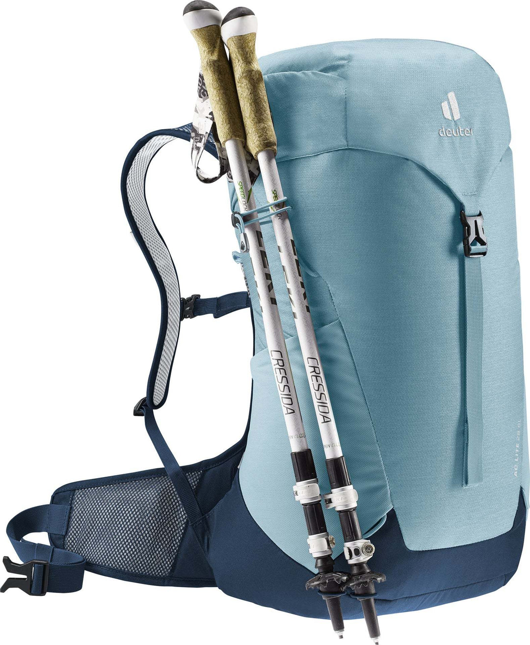 Light blue Deuter AC Lite 28 SL hiking backpack with trekking poles attached, showcasing lightweight design and Aircomfort ventilation system.