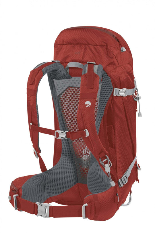 Zaino Finisterre 38 hiking backpack in red with multiple pockets and ergonomic design.