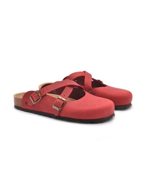 Sabot in pelle nabuk ingrassato con cinturino regolabile e plantare anatomico in gomma-sughero