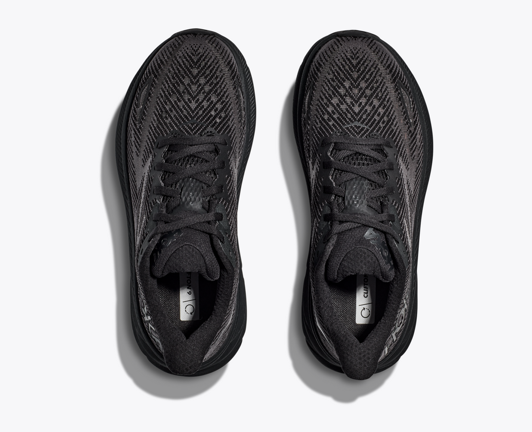 Clifton 9 running shoes with breathable engineered mesh, lightweight, black color, top view.
