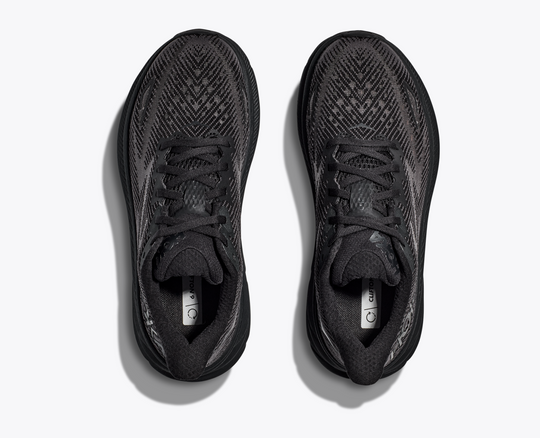 Clifton 9 running shoes with breathable engineered mesh, lightweight, black color, top view.