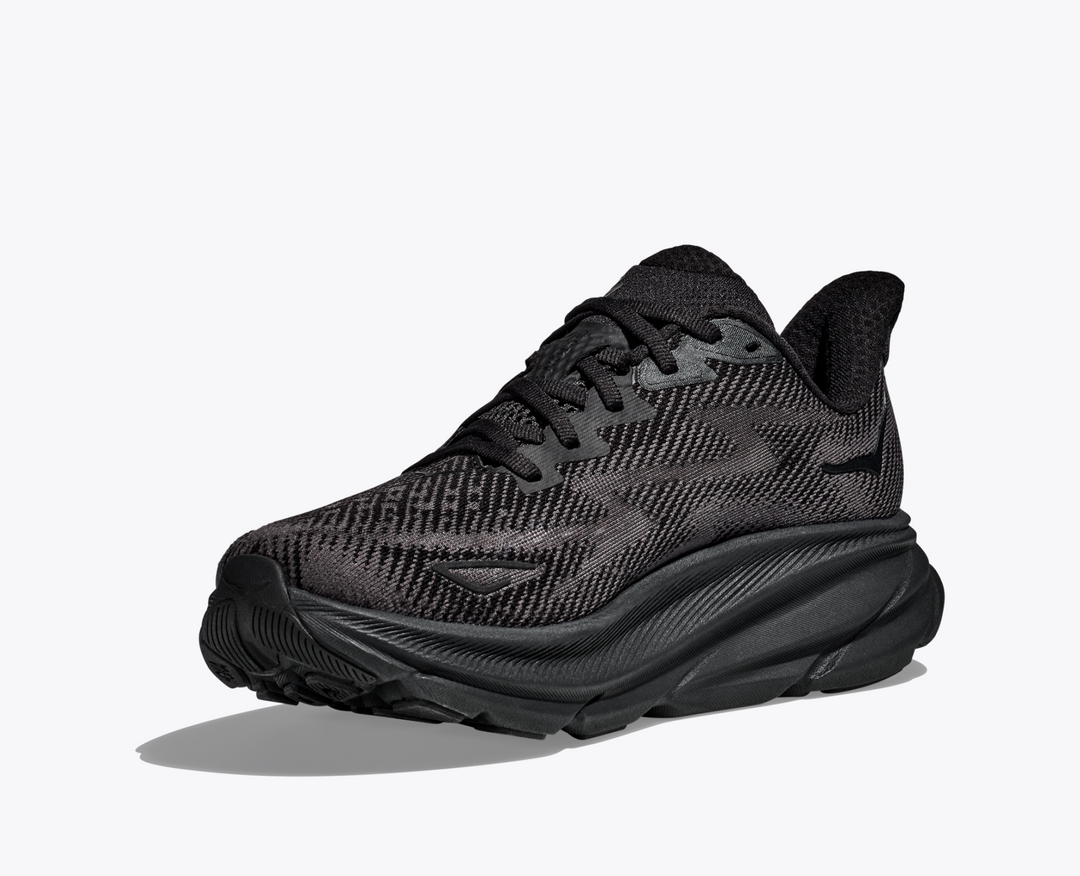 Black Hoka Clifton 9 running shoe with breathable mesh upper and cushioned sole.
