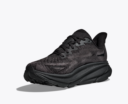 Black Hoka Clifton 9 running shoe with breathable mesh upper and cushioned sole.
