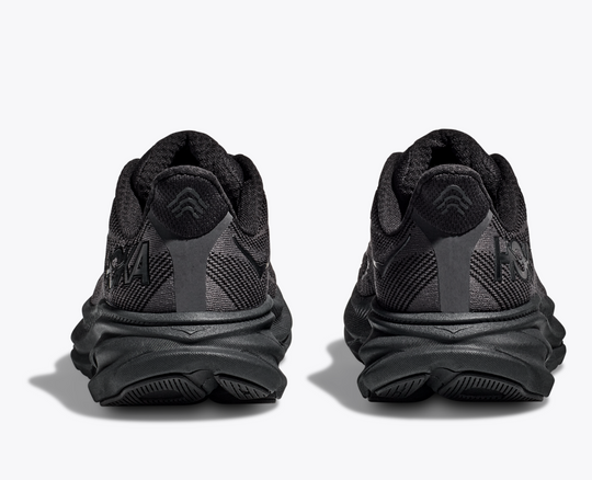 Clifton 9 running shoes in black, rear view showing reflective heel panel and cushioned sole.