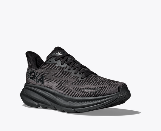 Black Clifton 9 running shoe with lightweight cushioning and breathable mesh.