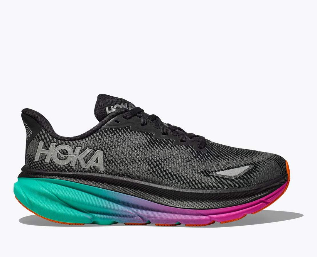 Clifton 9 Gtx waterproof running shoe with GORE-TEX, enhanced traction, and reflective elements.
