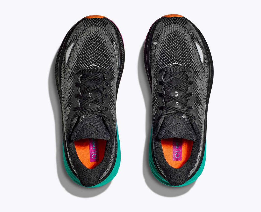 Clifton 9 GTX running shoes in black with colorful accents, top view.