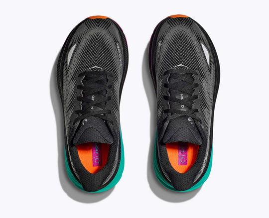 Clifton 9 GTX running shoes in black with colorful accents, top view.