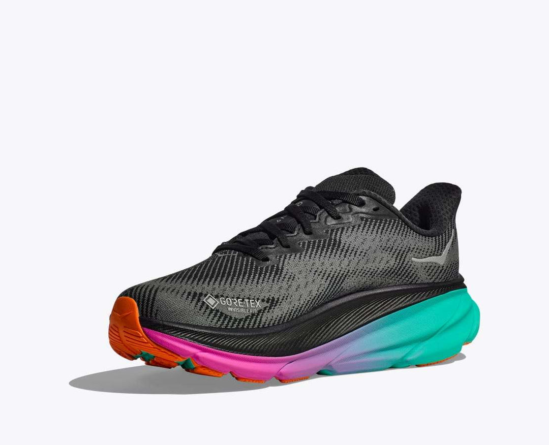 Clifton 9 GTX shoe with GORE-TEX, multicolored sole, and reflective features.