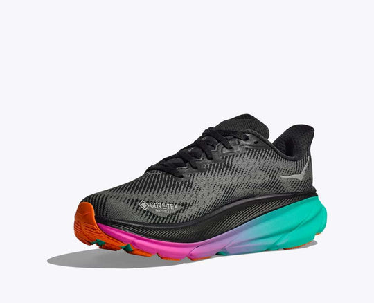 Clifton 9 GTX shoe with GORE-TEX, multicolored sole, and reflective features.
