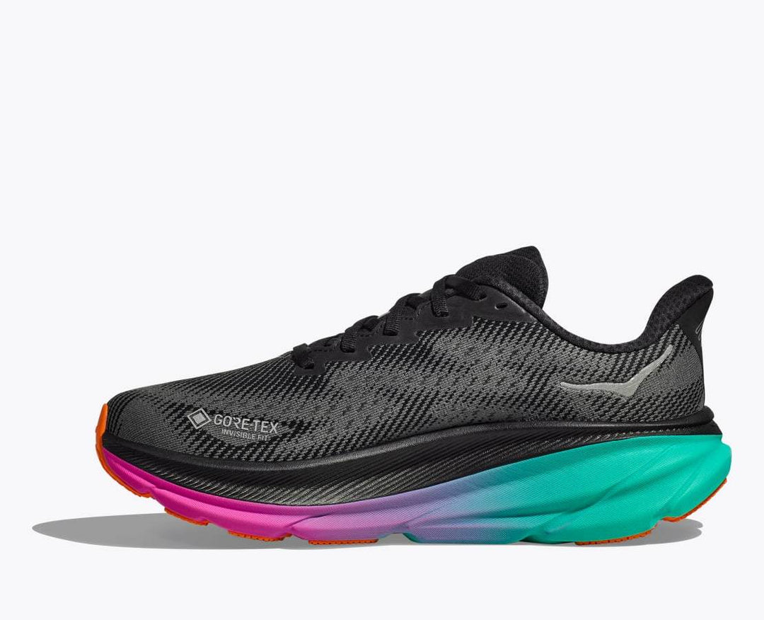 Clifton 9 GTX running shoe with GORE-TEX Invisible Fit, reflective black mesh, and colorful sole for any weather.