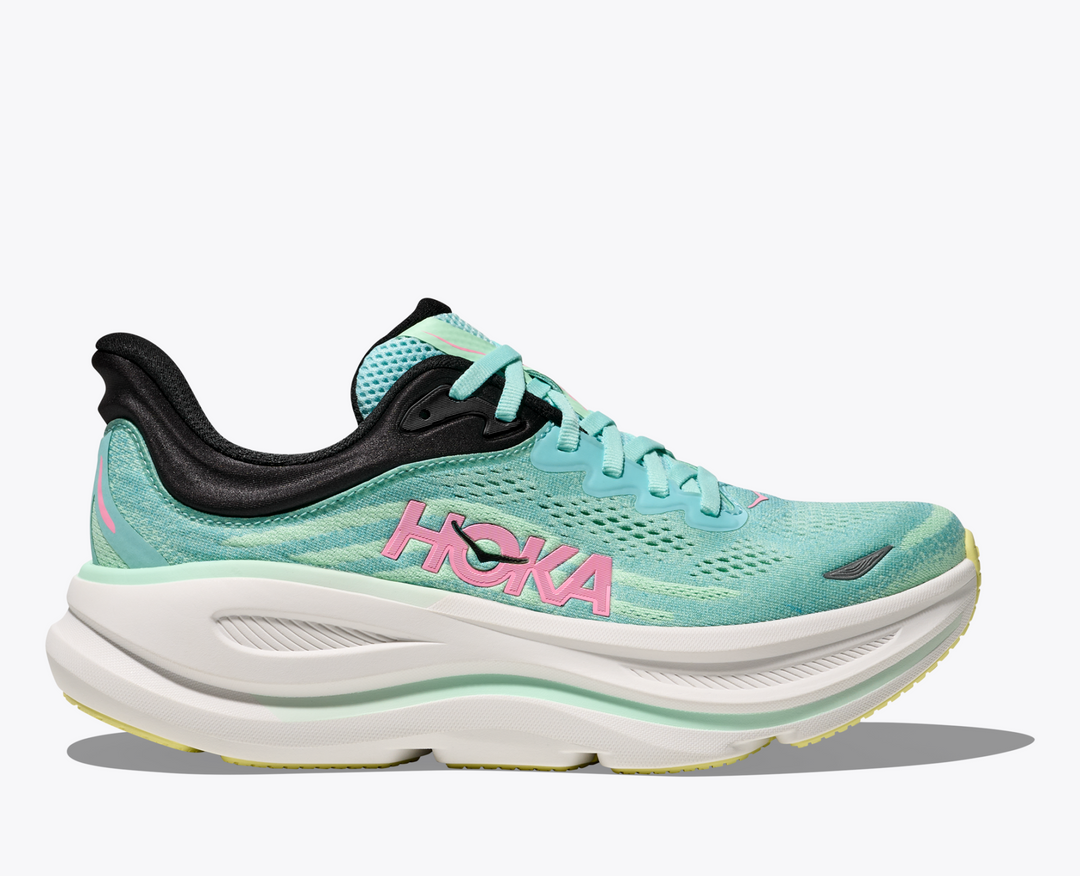HOKA Bondi 9 ultra-cushioned running shoe with aqua mesh upper and pink detailing.
