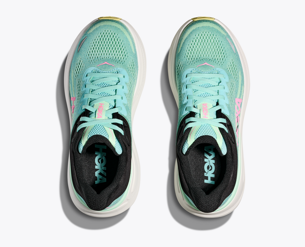 Hoka Bondi 9 mint green running shoes, top view, featuring breathable mesh upper and padded collar.