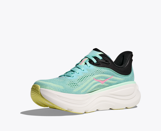 HOKA Bondi 9 ultra-ammortizzata scarpa da corsa su strada color turchese con suola in Durabrasion Rubber.