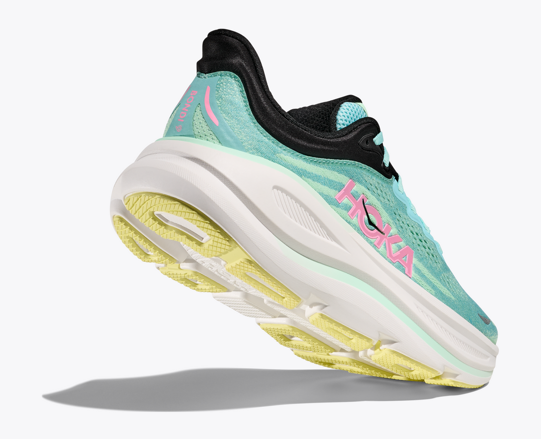 HOKA Bondi 9 shoe, ultra-cushioned with a high stack, innovative foam midsole, and breathable mesh upper.