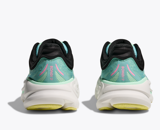 Bondi 9 ultra-cushioned running shoes in teal and black, rear view.