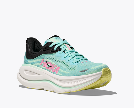 HOKA Bondi 9 women's running shoe, ultra-cushioned, breathable mesh, Durabrasion Rubber sole.
