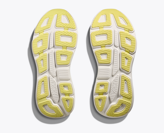 Sole view of HOKA Bondi 9 running shoes with durable Durabrasion Rubber tread pattern.