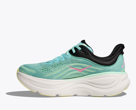 HOKA W Bondi 9 running shoe in turquoise with 3D collar and breathable mesh.