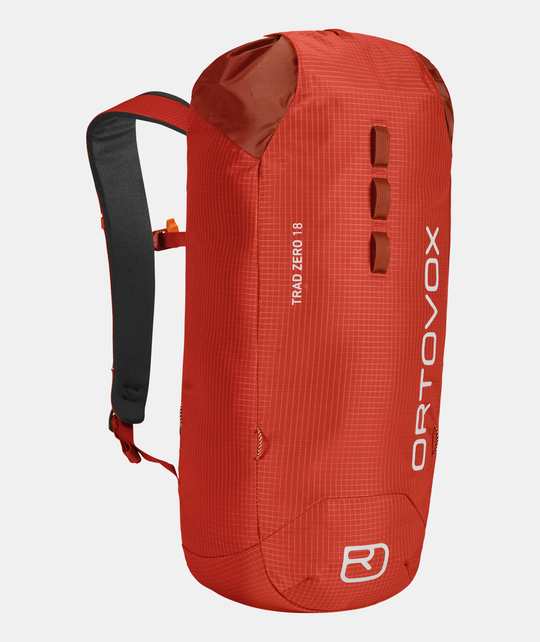 Lightweight minimalistic alpine climbing backpack Trad Zero 18 in red.