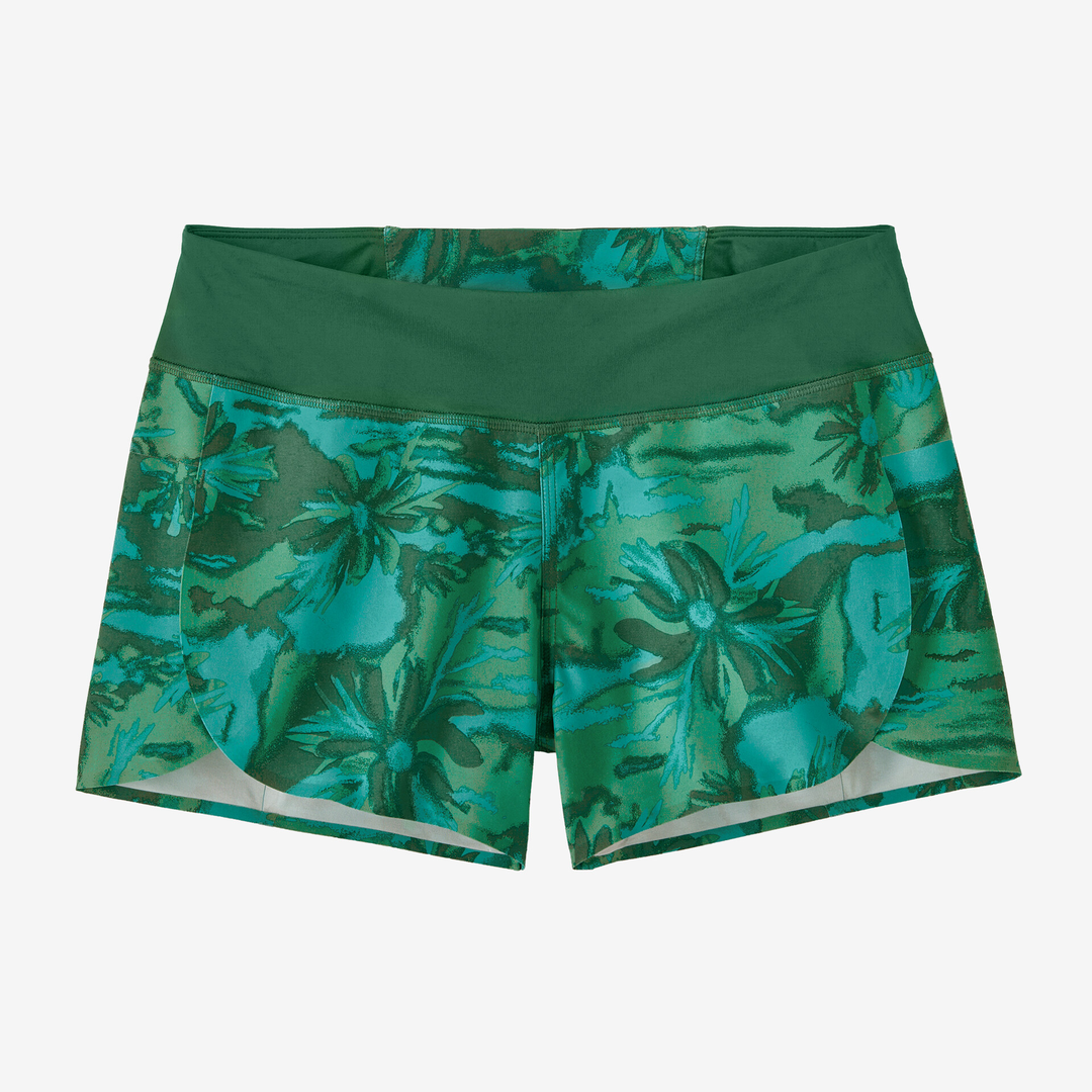 Stretch Hydropeak Surf Shorts in green floral pattern, lightweight and water-repellent with DWR treatment, designed for maximum comfort and freedom of movement.
