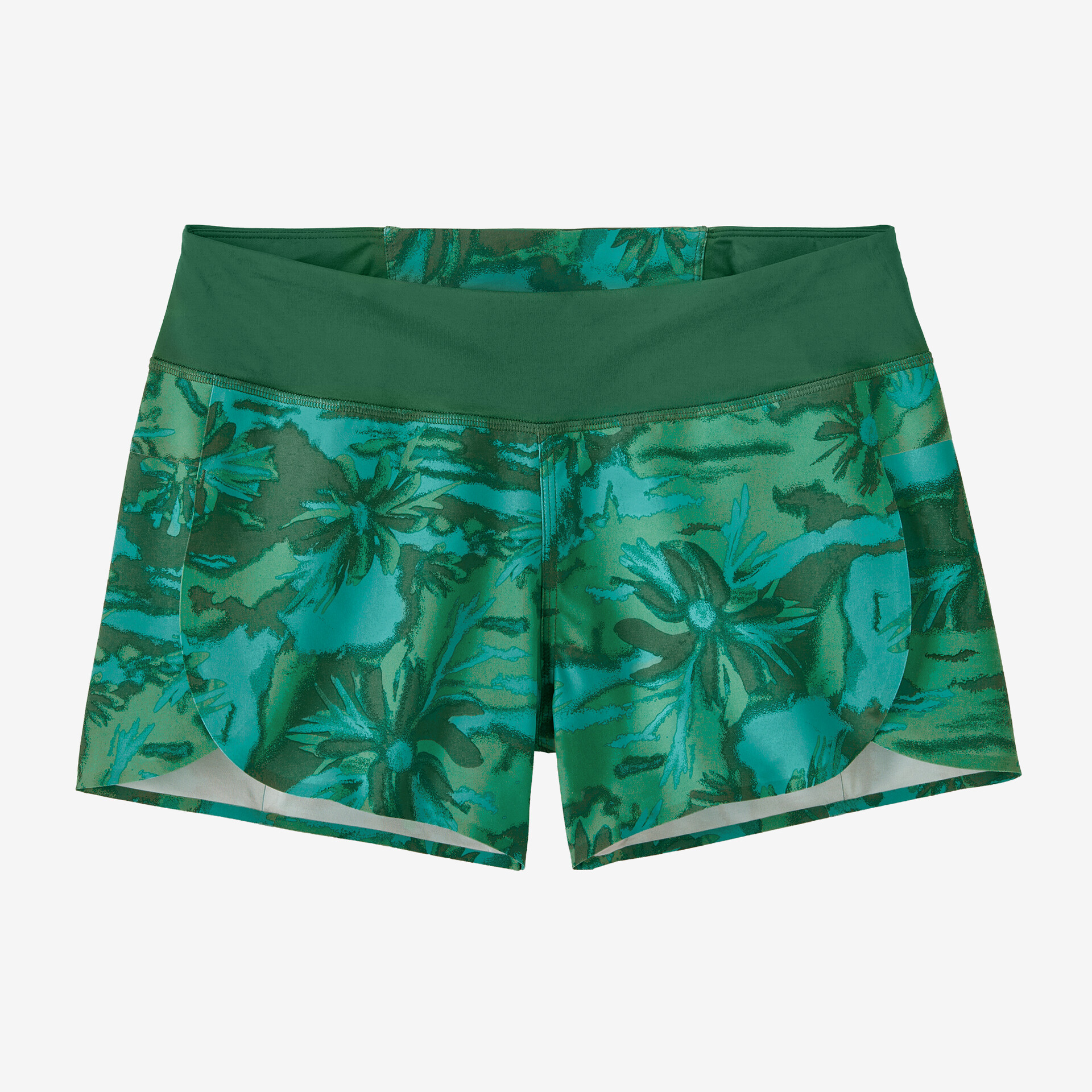 Stretch Hydropeak Surf Shorts in green floral pattern, lightweight and water-repellent with DWR treatment, designed for maximum comfort and freedom of movement.