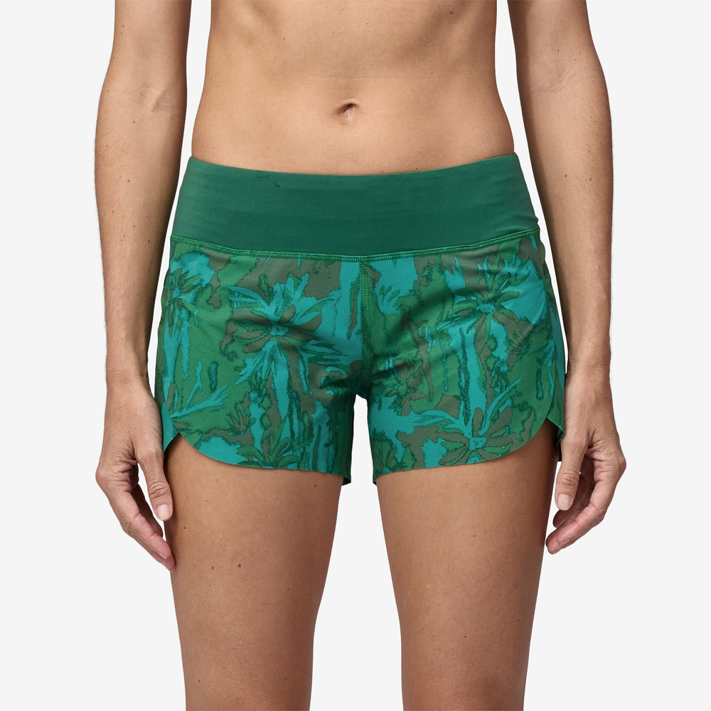 Women's Stretch Hydropeak Surf Shorts with floral design, elastic waistband, and adjustable drawstring.