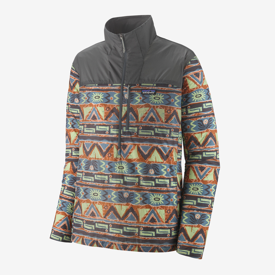 Houdini Stash Zip anti-wind pullover with vibrant patterns, made of recycled nylon with semi-integral zip and ventilation openings.