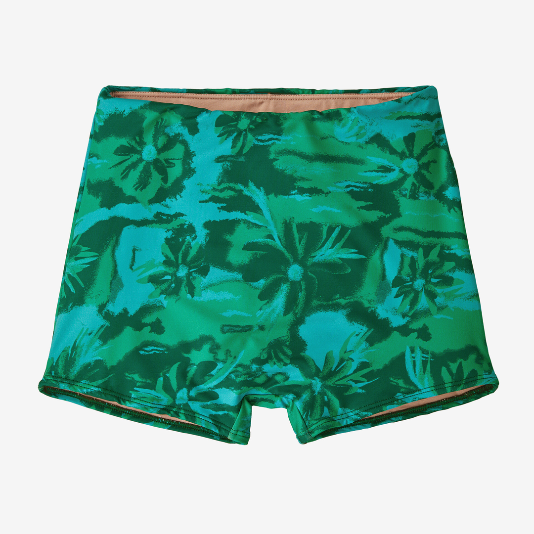 High-waisted Sunamee Shortie Bottom in green floral design, made from recycled nylon and elastane, offering full coverage and comfort.