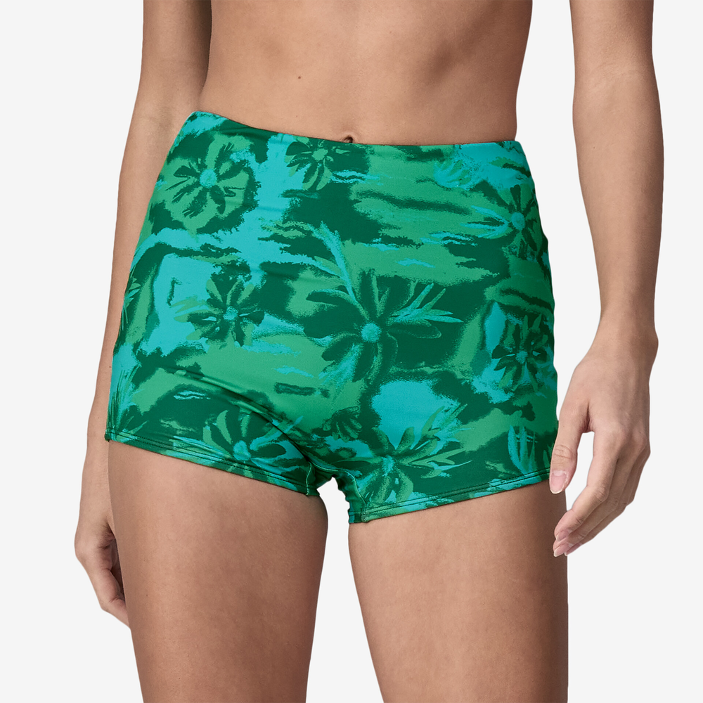 High-waisted Sunamee Shortie Bottom in green patterned recycled fabric, designed for beach comfort.