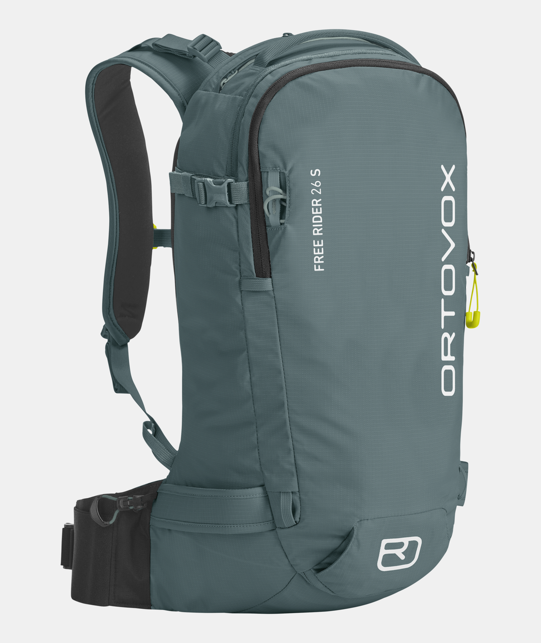 Freeride backpack Free Rider 26 S, ergonomic and adaptable, with back protection option, recycled materials, and versatile features for skiing.