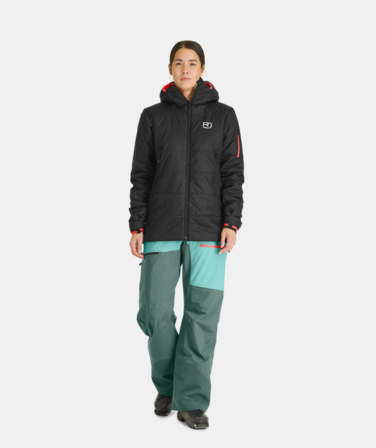 Swisswool Zinal Jacket W, high warmth freeride jacket, Swisswool insulation, black, adjustable hood, eco-friendly material, women's insulated jacket.