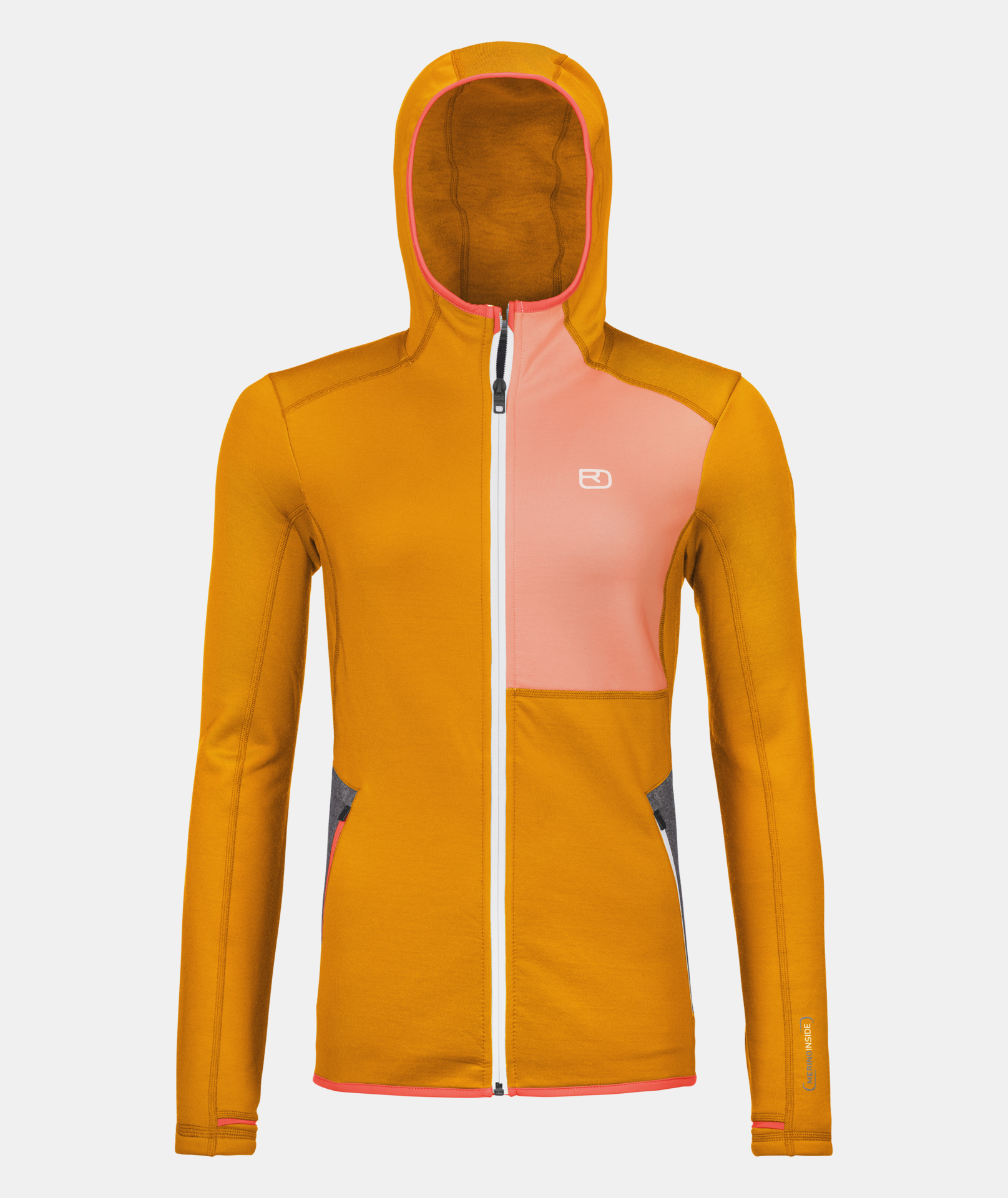 Women's fleece hoody in recycled polyester and Merino wool, orange with front pockets and thumb holes, ideal for winter activities.