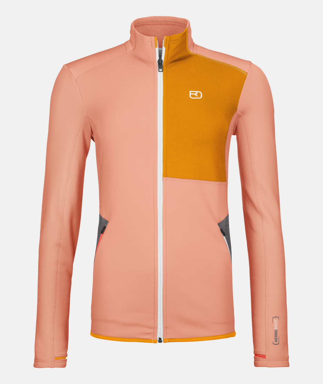 Women's fleece jacket in pink and orange, featuring recycled polyester and merino wool for warmth and breathability, with a modern sporty design.