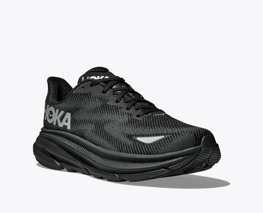Black Clifton 9 Gtx running shoe with GORE-TEX and reflective elements.