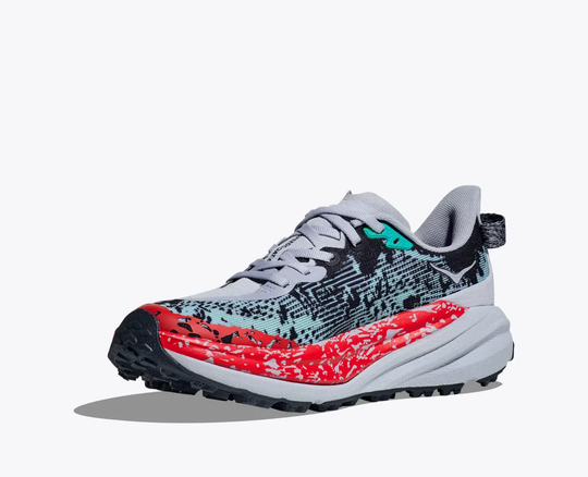 Trail running shoe Speedgoat 6 with vibrant design, enhanced cushioning, and aggressive traction for technical terrains.