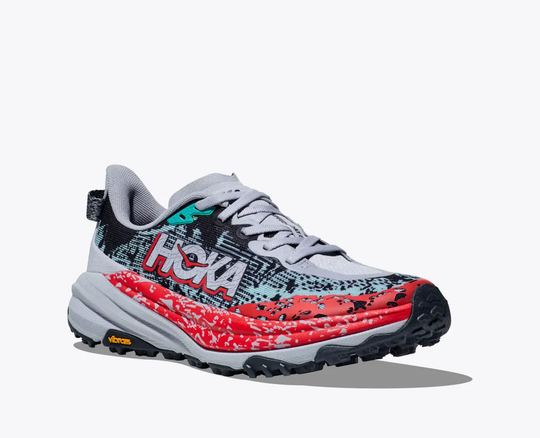 Speedgoat 6 trail running shoe with vibrant design and advanced traction features.