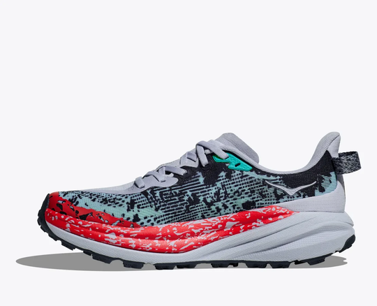 Trail running shoe Speedgoat 6 with breathable fabric upper and aggressive traction.