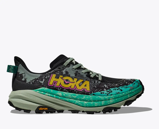 Trail running shoe Hoka W Speedgoat 6 with lightweight breathable upper and Vibram Megagrip.
