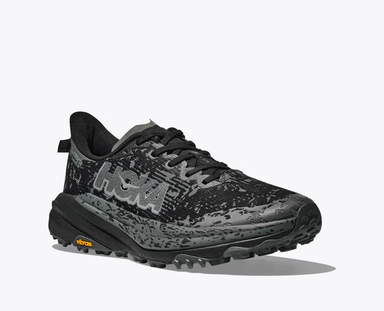 Speedgoat 6 GTX trail shoe with GORE-TEX, Vibram Megagrip sole, and protective features.