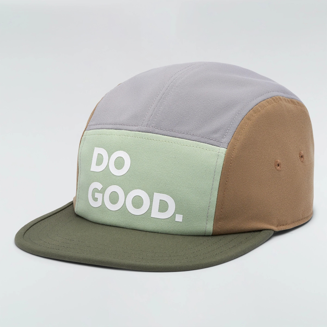 5 panel hat with "Do Good" slogan on front, made from recycled polyester, adjustable nylon strap.