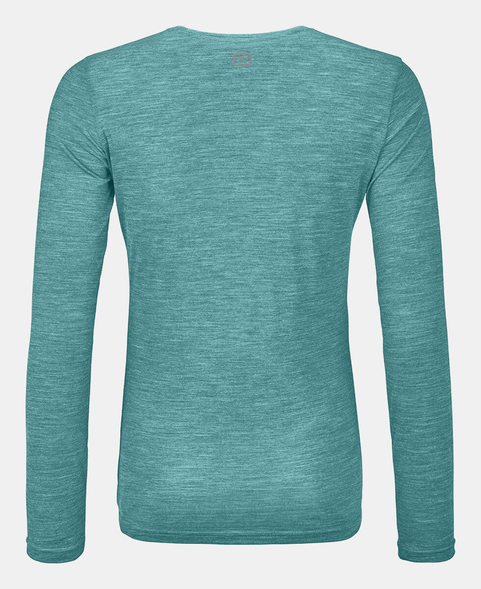 Women's 150 Cool Clean long sleeve merino wool shirt in turquoise, designed for mountain sports.