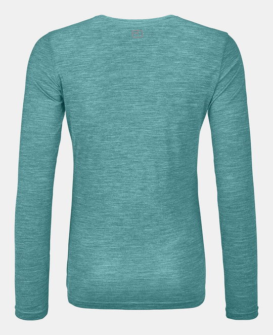 Women's 150 Cool Clean long sleeve merino wool shirt in turquoise, designed for mountain sports.