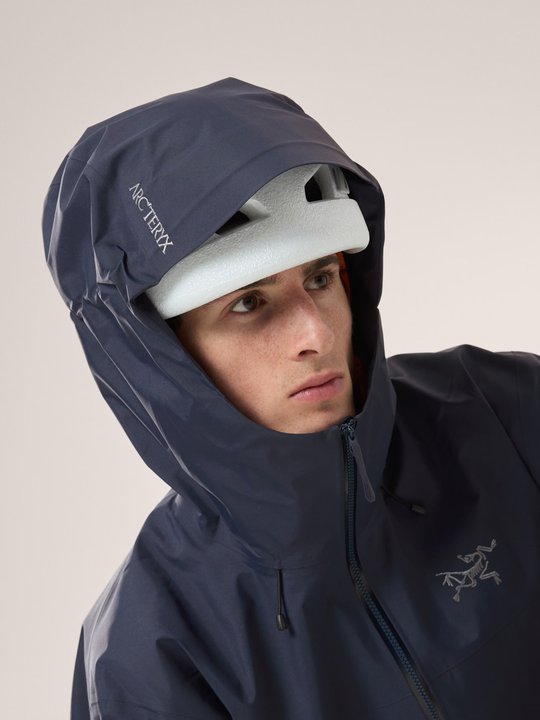 Beta SL Jacket showcasing waterproof, breathable StormHood compatible with helmets.