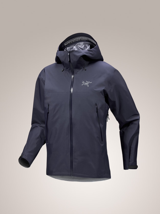 Beta SL Jacket M in dark color with GORE-TEX fabric, lightweight and breathable design, featuring a helmet-compatible hood and RECCO reflector.