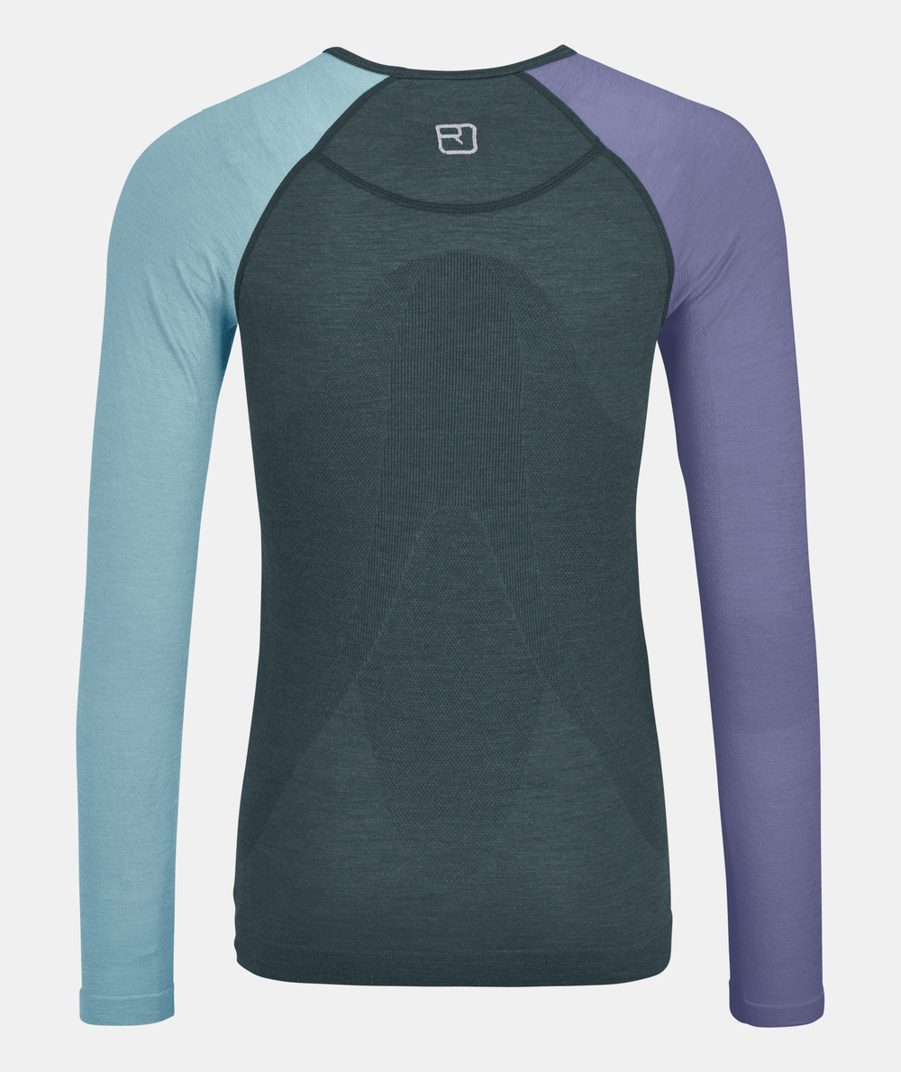 Women's 120 Comp Light Long Sleeve, lightweight merino, breathable design, seamless construction, tri-color.