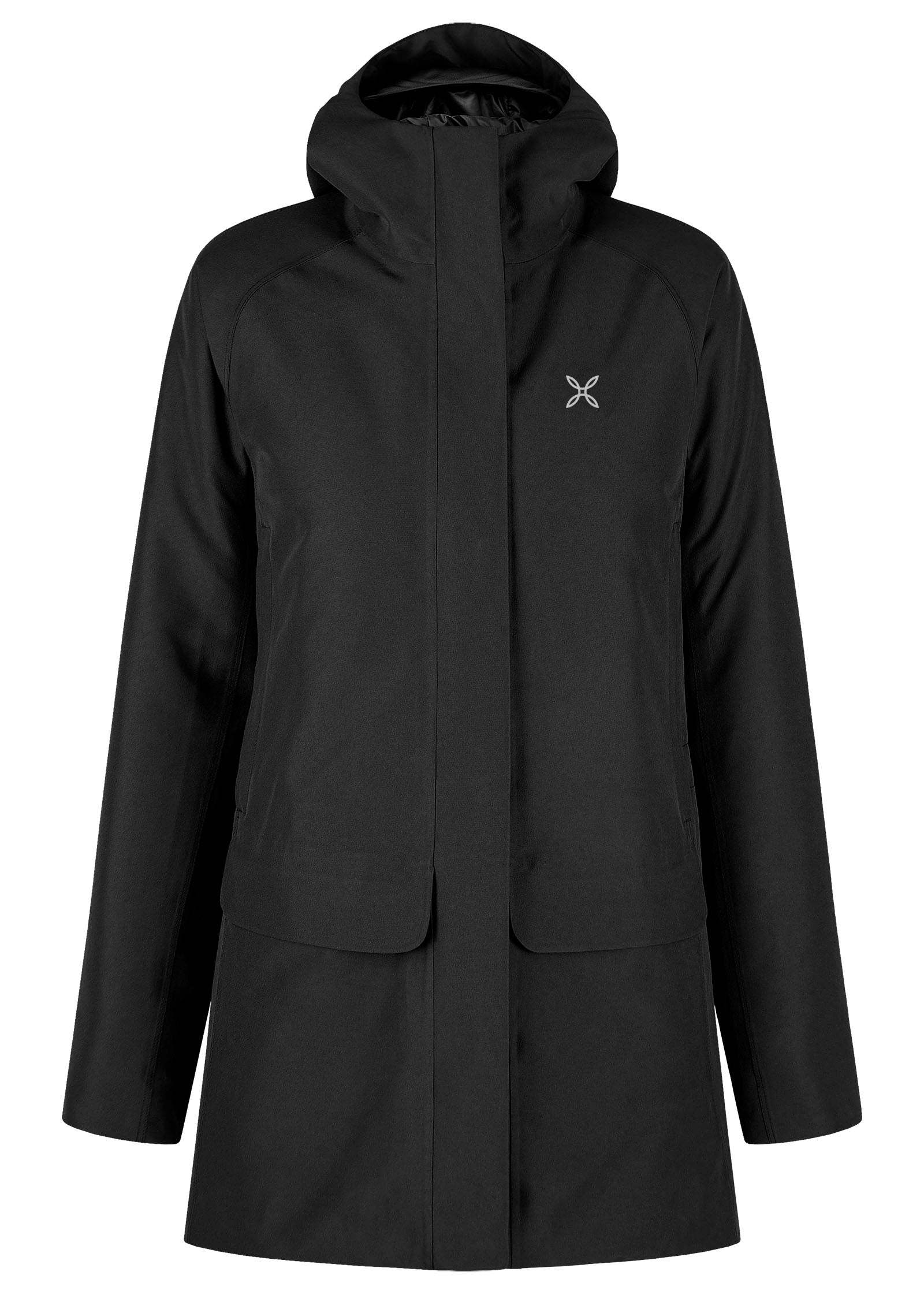 Renon Parka Woman - black waterproof and windproof parka with adjustable waist and hood, featuring GORE-TEX and Comfortemp® insulation.